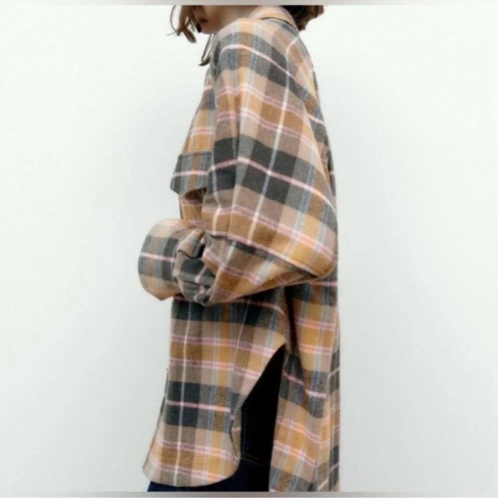 Zara Oversized Plaid Shacket Overshirt Flannel Jacket Tan Pink Navy - Picture 3 of 8